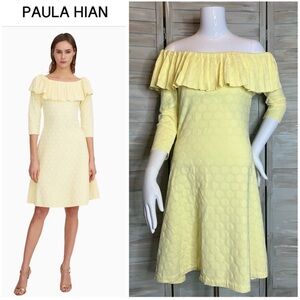 Paula Hian Yellow Henrietta Polka Dot Bardot Off-Shoulder Ruffle Dress Medium